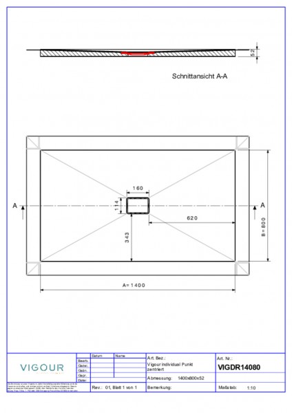 Duschelement indi. Resopal 140x80x4,5cm inkl.zentr.Ablauf senk. Miss.Pine VIGOUR