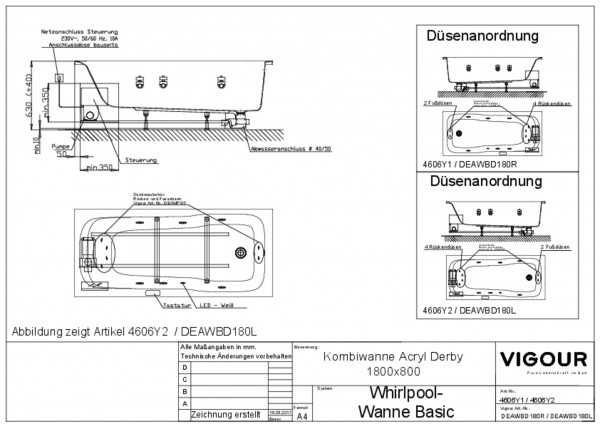 Whirlpool-Kombiw. basic Acryl derby re. 180x80cm Fussablauf weiss VIGOUR