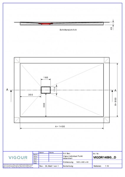 Duschelem. indiv. Resopal 140x90x4,5cm inkl.dezen.Ablauf waag. Novara Elm VIG.