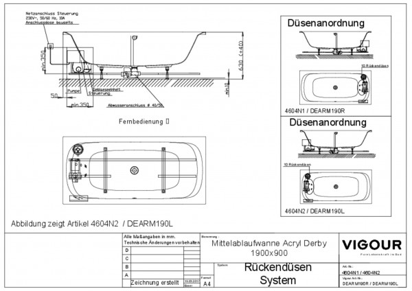 Rückendüsen-Sy. Mittelabl.wanne derby l. 190x90cm Ab/Überlauf mittig weiss VIGOUR
