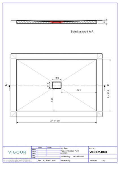 Duschelement indi. Resopal 140x90x4,5cm inkl.zentr.Ablauf senk. Novara Elm VIG