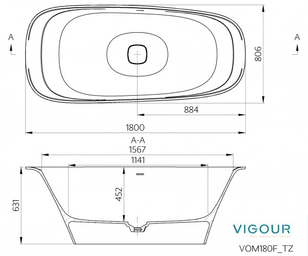 Badewanne freistehend vogue 180x80cm protectPLUS m.Schlitzüberl.weiss VIGOUR