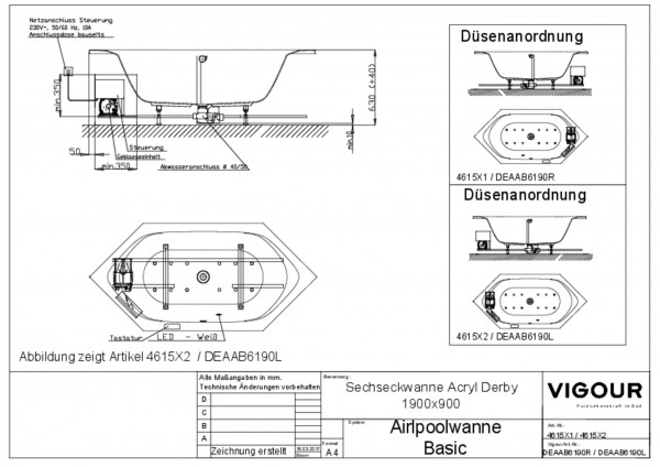 Airpool-Sechseckwanne basic Acryl links derby 190x90cm Ablauf mittig weiss VIG