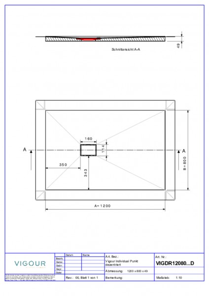 Duschelem. indiv. Resopal 120x80x4,5cm inkl.dezen.Ablauf waag. Novara Elm VIG.