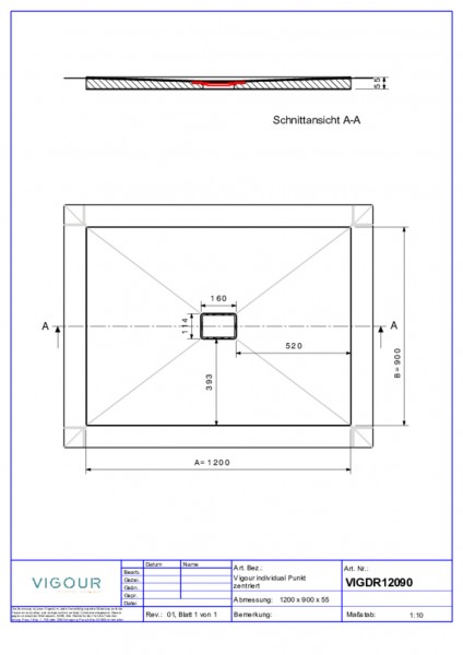 Duschelement indi. Resopal 120x90x4,5cm inkl. zentr.Ablauf senk. Country Oak VIG