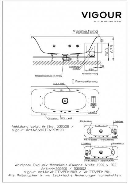 Whirlpool Mittelabwanne exkl. white re 190x80cm Ab/Überlauf mittig weiss VIGOUR