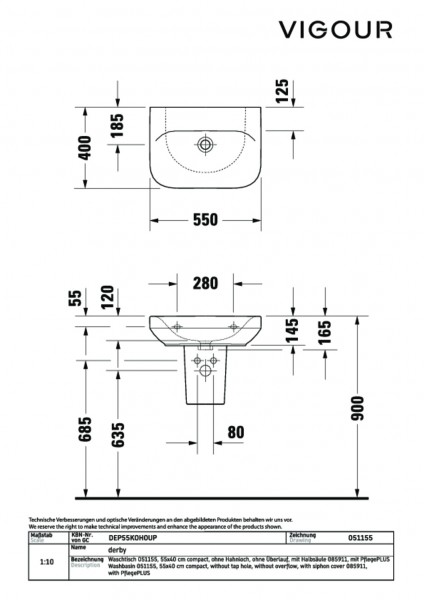 Waschtisch derby plus kompakt 55x40cm ohne HL ohne ÜL weiss PflegePLUS VIGOUR