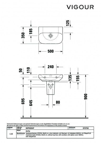 Handwaschbecken derby plus 50x35cm ohne HL mit ÜL weiss PflegePLUS VIGOUR