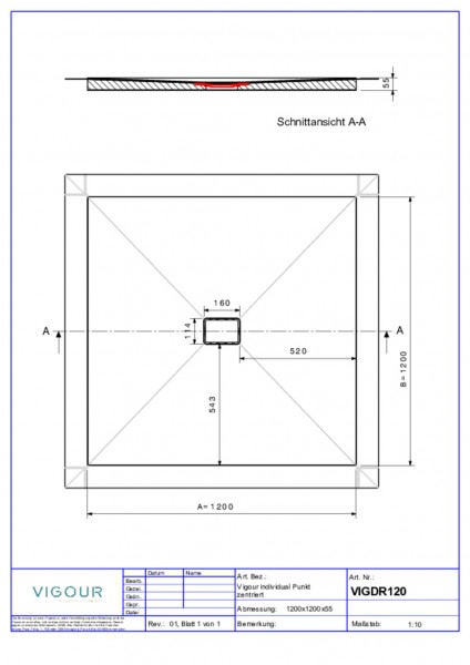 Duschelem. indiv. Resopal 120x120x4,5cm inkl.zentr.Ablauf senk.Silver Oak VIGOUR