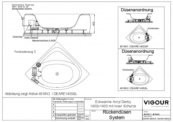 Rückendüsen-System-Eckwa. Acryl derby l. 140cm Ab-/Überlauf mittig Schürze VIGOUR