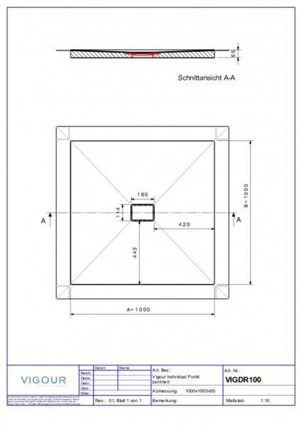 Duschelem. indiv. Resopal 100x100x4,5cm inkl.zentr.Ablauf senk. Soil Wood VIG