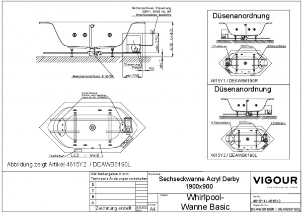 Whirlp.-Sechseckwa. basic Acryl derby l. 190x90cm Ab/Überlauf mittig weiss VIGOUR