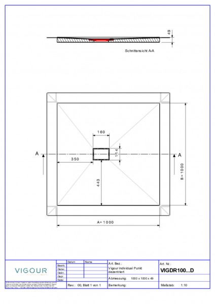 Duschelem. indiv. Resopal 100x100x4,5cm inkl.dezen.Ablauf senk. Aragon Stone VIG