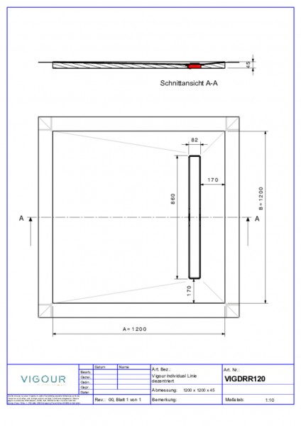 Duschelem. indiv. Resopal 120x120x4,5cm inkl. Rinne Abl. senk. Silver Oak VIG.