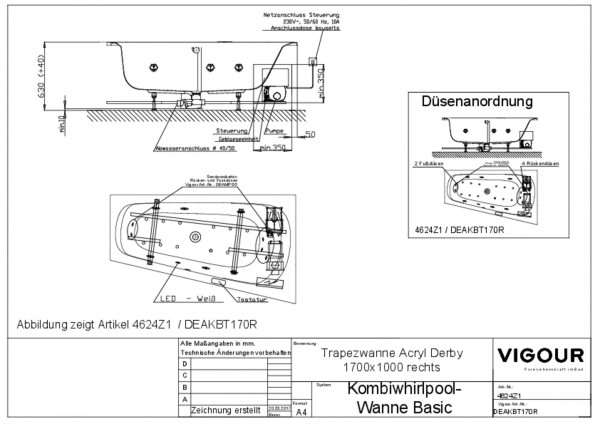 Kombiwhirlp.Trapezwanne basic Acryl re. derby 170x100cm Abl.mittig re.weiss VIG