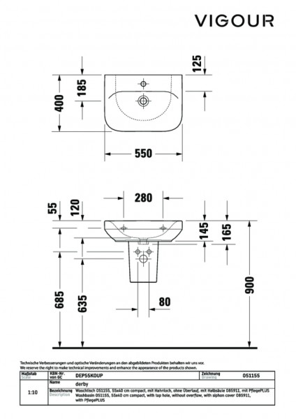 Waschtisch derby plus kompakt 55x40cm mit HL ohne ÜL weiss PflegePLUS VIGOUR