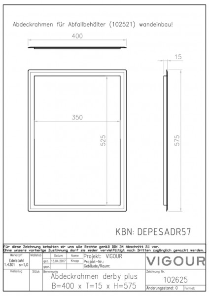 Abdeckrahmen derby plus Edelstahl 400x575x15 f.UP-Abfallbehälter VIGOUR