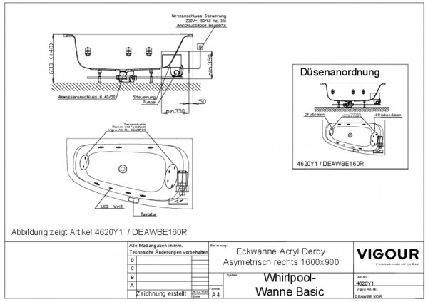 Whirlpool-Eckwanne basic Acryl derby re. 160x90cm Ab/ Überl.mittig re. weiss VIG