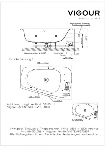 Whirlpool Trapez. 180X120 exkl.white re. Ab/Überl.mittig Lfl.rechts weiss VIGOUR