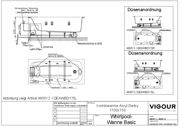 Whirlpool-Kombiwanne basic Acryl derby R 170x75cm Fussablauf weiss VIGOUR