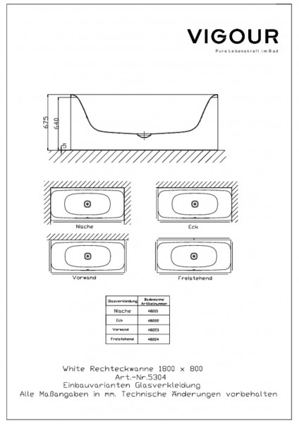 Glasverkleidung f.Vorwandvers. white f. WHITEM180 Verkehrsweiss A0070 VIGOUR