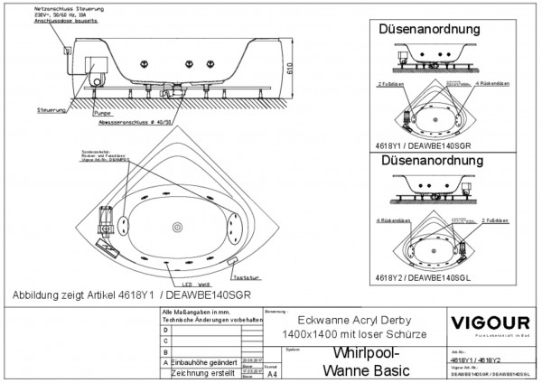 Whirlpool-Eckwanne basic Acryl derby re. 140cm Ab-/Überlauf mittig Schürze VIGOUR