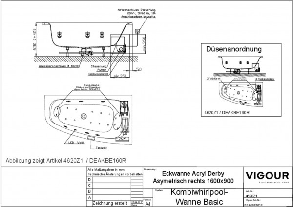 Kombiwhirlpool-Eckwanne basic Acryl re. derby 160x90cm Abl.mittig re. weiss VIG