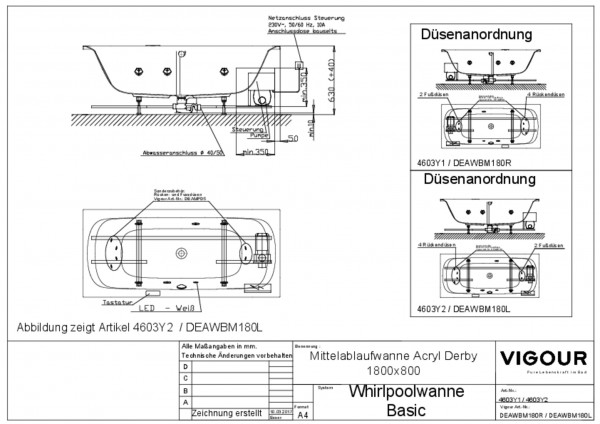 Whirlpool-Mittelablaufwa. basic Acryl r. derby 180x80cm Ablauf mittig weiss VIG