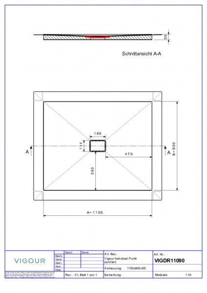 Duschelement indi. Resopal 110x90x4,5cm inkl.zentr.Ablauf senk. Soil Wood VIG