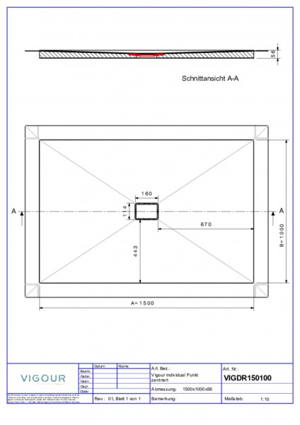 Duschelem. indiv. Resopal 150x100x4,5cm inkl.zentr.Ablauf waag.Silver Oak VIGOUR