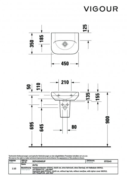 Handwaschbecken derby plus 45x35cm ohne HL ohne ÜL weiss PflegePLUS VIGOUR