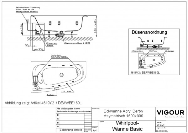Whirlpool-Eckwanne basic Acryl derby li. 160x90cm Ab/ Überl.mittig li. weiss VIG