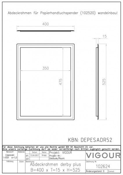 Abdeckrahmen derby plus Edelstahl 400x525x15 f.UP-Papierhandtuchsp.VIGOUR