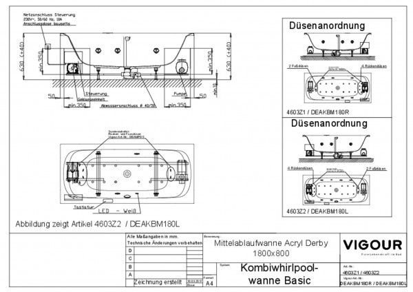 Kombiwhirlp.-Mittelablaufwanne basic r. derby 180x80cm Ablauf mittig weiss VIG