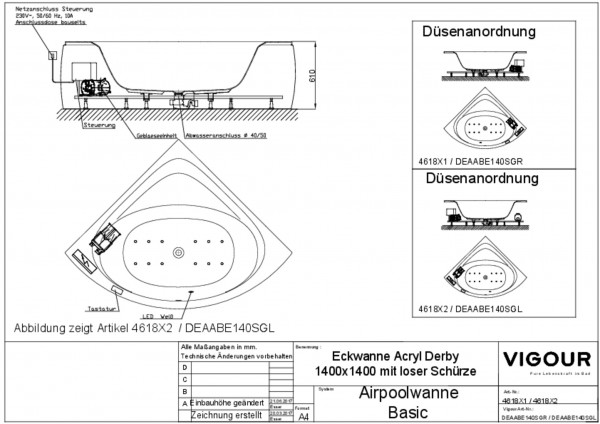 Airpool-Eckwanne basic Acryl derby links 140cm Ab-/Überlauf mittig Schürze VIGOUR