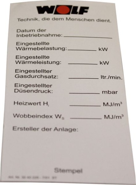 Wolf Aufkleber Einstellwerte für NG/GU/GG 3040225