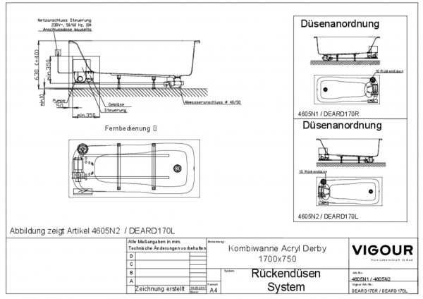 Rückendüsen-Sys. Kombiwa. Acryl derby r. 170x75cm Fussablauf weiss VIGOUR