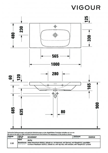 Möbelwaschtisch derby 100x48cm geschliffen weiss PflegePLUS VIGOUR