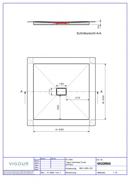 Duschelement indiv. Resopal 90x90x4,5cm inkl.zentr.Ablauf senk. Miss.Pine VIGOUR