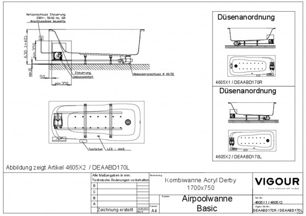 Airpool-Kombiwanne basic Acryl derby re. 170x75cm Fussablauf weiss VIGOUR