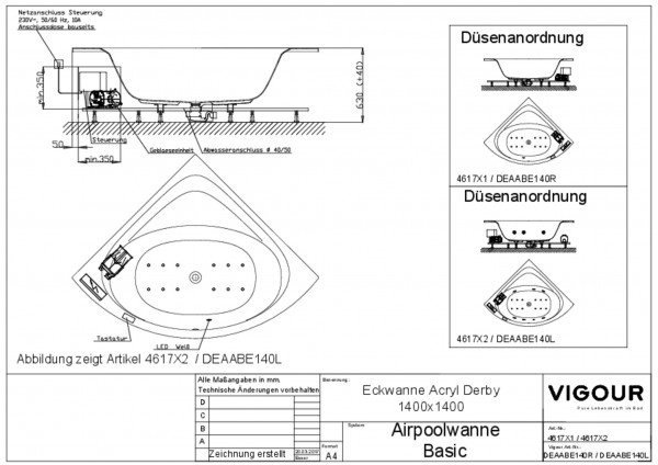 Airpool-Eckwanne basic Acryl derby re. 140cm Ab-/Überlauf mittig weiss VIGOUR