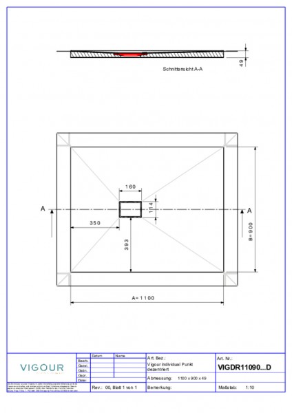 Duschelem. indiv. Resopal 110x90x4,5cm inkl.dezen.Ablauf senk.Novara Elm VIG.