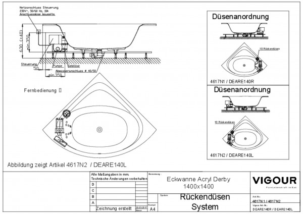 Rückendüsen-System-Eckwa. Acryl derby r. 140cm Ab-/Überlauf mittig weiss VIGOUR