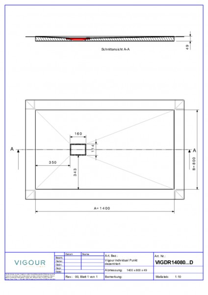 Duschelem. indiv. Resopal 140x80x4,5cm inkl.dezen.Ablauf waag. Novara Elm VIG.