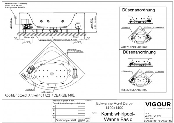 Kombiwhirlpool-Eckwanne basic Acryl re. derby 140cm Ab-/Überl. mittig weiss VIG