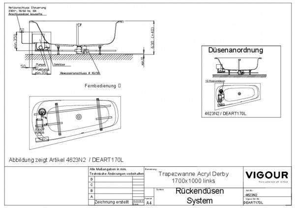 Rückendüsen-Sy.Trapezw.derby170x100cm l. Ab-/ Überlauf mittig links weiss VIGOUR