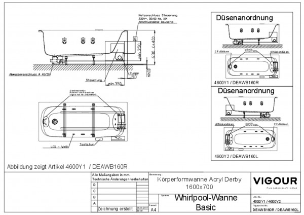 Whirlpool-Wanne basic Acryl derby rechts 160x70cm Ab-/Überlauf Fussende weiss VIG