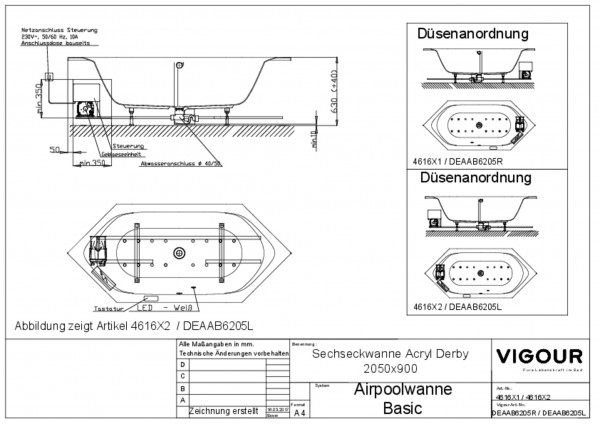 Airpool-Sechseckwanne basic Acryl rechts derby 205x90cm Ablauf mittig weiss VIG