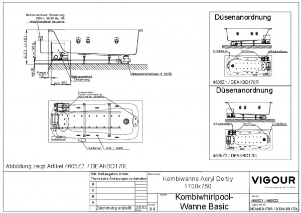 Kombiwhirlpool-Kombiwanne basic rechts Acryl derby 170x75cm Fussabl. weiss VIG