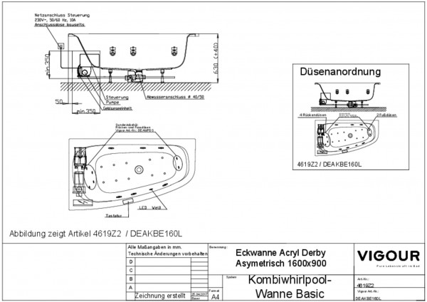 Kombiwhirlpool-Eckwanne basic Acryl li. derby 160x90cm Abl.mittig li. weiss VIG